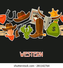 Wild west seamless pattern with cowboy objects and stickers.