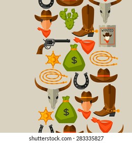 Wild west seamless pattern with cowboy objects and design elements.