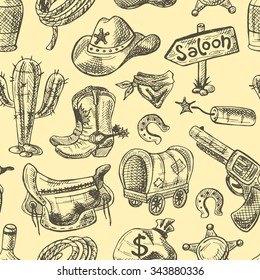 Wild west seamless pattern with cowboy stuff.