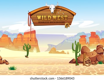 Wild west seamless pattern with mountains and cacti. Retro western background for games, ui, posters etc. Vector wild west illustration