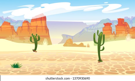 Wild west seamless pattern with mountains and cacti. Retro western background for games, ui, posters etc. Vector wild west illustration