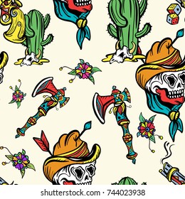 Wild west seamless pattern, old school tattoo vector. Fashionable western set. Cowboy, cactus, guns, wild west background. Classic flash tattoo style, patches and stickers
