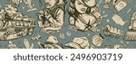 Wild West seamless pattern. Retro western background. Texas art. Cowboy girl, digger and train.  American history. Old school tattoo style