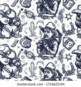 Wild West seamless pattern. Sheriff girl and сowboy digger, bags of money, cactus, playing card. Retro movie style. American history  background. Old school tattoo art. Western background 