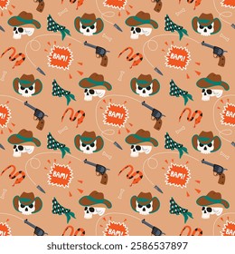 Wild West seamless pattern with skill in a cowboy hat. Cartoon background with revolver, bullet, neckerchief, snake, speech bubble. Print on fabric and paper. Vector design for textile, wallpaper.