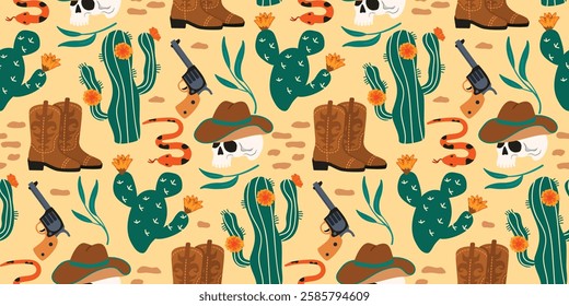 Wild West seamless pattern with skull , blooming cacti, cowboy boots, hat, revolver and snake. Green,brown and yellow colors. Print on fabric and paper.Vector design for textile,wallpaper,cover.