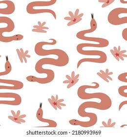 Wild west seamless pattern with snakes and flowers. Vector background with animals. 