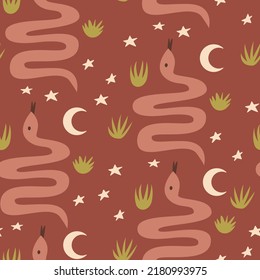Wild west seamless pattern with snakes, stars, moon and grass. Vector western, mystical, boho background