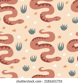 Wild west seamless pattern with snakes, stars and flowers. Vector western background