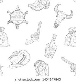 Wild West Seamless Pattern, Western, Cowboy Hand Drawn Symbols Monochrome Vector Illustration
