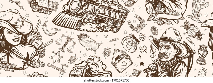 Wild West seamless pattern. Western background. Old school tattoo style. Cowboy girl, gold digger, covered wagon, steam train, golden horseshoe, USA map. American pioneers art 