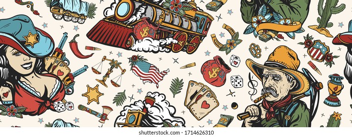 Wild West seamless pattern. Western background. Cowboy girl, digger, train and golden horseshoe, USA map. American history  background. Old school tattoo style 