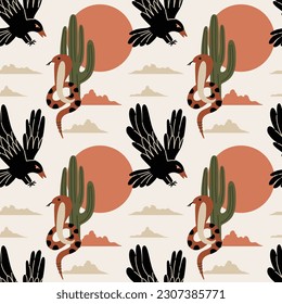 Wild west seamless texture. Western landscape. Eagle and snake. Cactus and sun. Cartoon flat style isolated elements. Contemporary print, decor textile, wrapping paper, wallpaper, vector