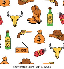 Wild West seamless vector pattern. Cowboy boots, colt, drink, dynamite, sheriff star badge money repeating background. Wild West design for decor, fabric, kids party.