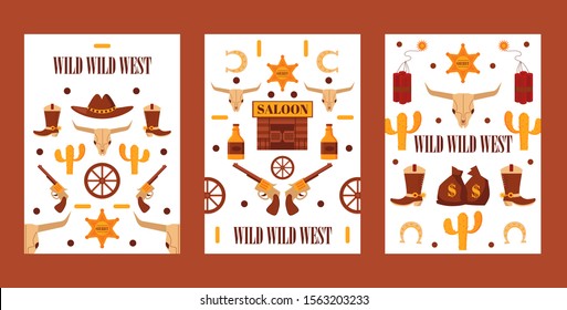 Wild West set of banners with isolated icons, vector illustration. Cartoon style symbols of American western, cowboy adventures. Wild west style game quest or party invitation, fun event announcement