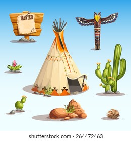 Wild west set with cactus, wigwam, shaman totem stones, flowers, rocks, sign wanted for video web game user interface