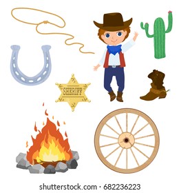Wild west set in cartoon textured style on white background.