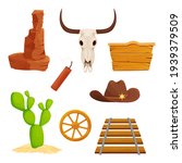 Wild west set, collection of cartoon elements, ui game assets, icon isolated on white background stock vector illustration. Railway, dessert cactus and mountain, cowboy hat, bull scull and wood wheel.