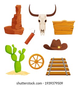 Wild west set, collection of cartoon elements, ui game assets, icon isolated on white background stock vector illustration. Railway, dessert cactus and mountain, cowboy hat, bull scull and wood wheel.