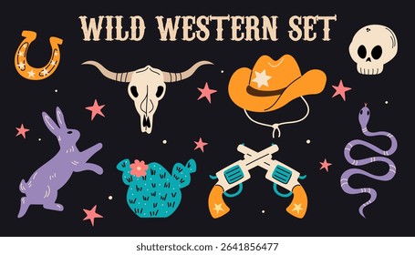 Wild West set. Collection of groovy cute funky hippie boho illustration elements of cowboy hat, snake, skull, cactus, horseshoe. Western stickers