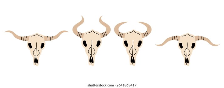 Wild West set. Collection of groovy cute funky hippie boho illustration elements of cow skulls. Western stickers