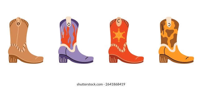 Wild West set. Collection of groovy cute funky hippie boho illustration elements of cowboy shoes. Western stickers