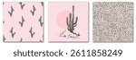 Wild West Set  Desert Landscape with Cacti and Sunset, Minimalistic Polka Dot Pattern , Cute Green Cactus Wallpaper on Pink Background