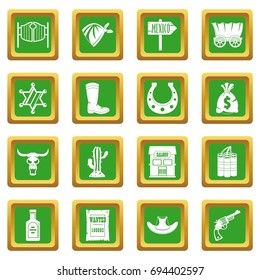 Wild west set design logo. Simple illustration of 16 wild west logo vector icons set in green color isolated vector illustration for web and any design