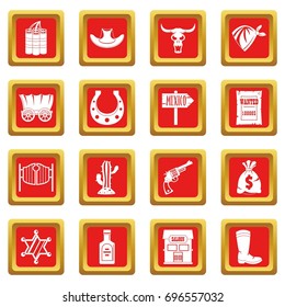 Wild west set design logo. Simple illustration of 16 wild west logo vector icons set in red color isolated vector illustration for web and any design