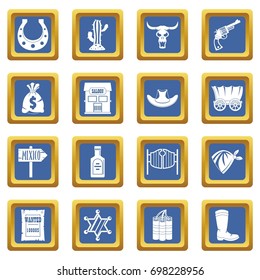 Wild west set design logo. Simple illustration of 16 wild west logo vector icons set in blue color isolated vector illustration for web and any design