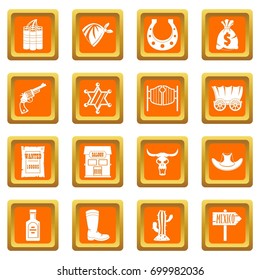 Wild west set design logo. Simple illustration of 16 wild west logo vector icons set in orange color isolated vector illustration for web and any design
