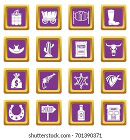 Wild west set design logo. Simple illustration of 16 wild west logo vector icons set in purple color isolated vector illustration for web and any design