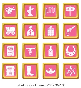 Wild west set design logo. Simple illustration of 16 wild west logo vector icons set in pink color isolated vector illustration for web and any design
