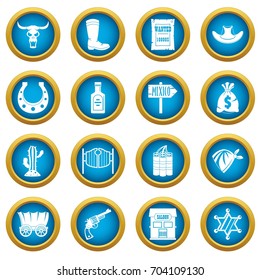 Wild west set design logo. Simple illustration of 16 wild west logo vector icons blue circle set isolated on white for digital marketing