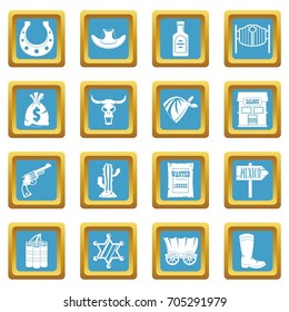 Wild west set design logo. Simple illustration of 16 wild west logo vector icons set in azur color isolated vector illustration for web and any design