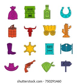 Wild west set design logo. Outline illustration of 16 wild west logo vector icons set. Doodle illustration of vector icons isolated on white background for any web design