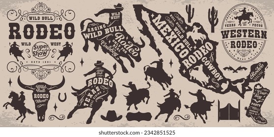 Wild west set emblems monochrome cowboys riding bulls and horses or posters inviting rodeos in Mexico or Texas vector illustration