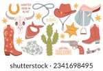 Wild west set. Flat design set with cowboy hat boots handgun cactus lasso saloon signboard cow skull horseshoe saddle