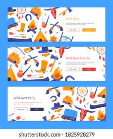Wild west - set of flat design style web banners with copy space for your text. Colorful website header with a pipe, cowboy boots, hat, hatchet, wigwam, symbols of native American traditional life