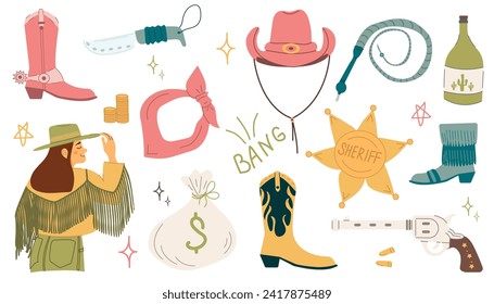 El salvaje oeste. Diseño plano con sombrero de vaquero, botas, lazo, vaquera, cactus, cráneo de vaca, herradura,