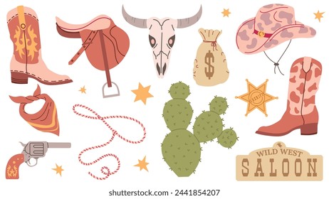 Wild west set, Flat design set with cowboy hat boots handgun cactus lasso saloon signboard cow skull saddle money