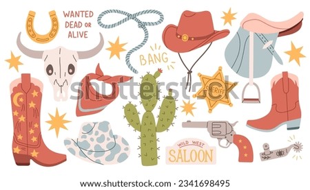 Wild west set. Flat design set with cowboy hat boots handgun cactus lasso saloon signboard cow skull horseshoe saddle