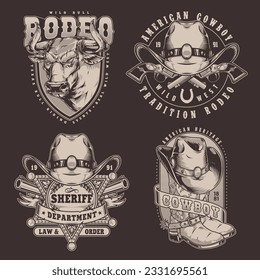 Wild west set flyers monochrome with mad cow near hat with revolvers and American police badge star vector illustration