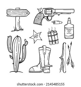 Wild West set Hand-drawn in doodle style Good for printing Symbol of Western Concept Isolated vector illustration