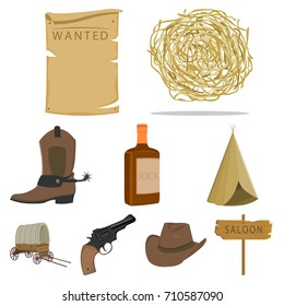 Wild-West-Symbole im Cartoon-Stil. Große Sammlung von wilden West-Vektorsymbol Stockillustrationen