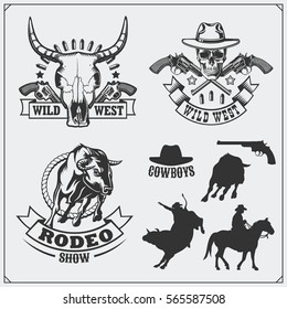 Wild west. Set of rodeo, sheriff and cowboy vintage emblems, labels, badges and design elements.