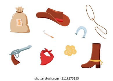 Wild West set of vector illustrations. Cowboy western elements icon. hat, neckerchief, boots, lasso, horseshoe, bag and money, pistol and cigarette
