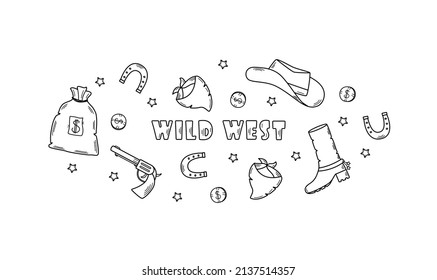 Wild West set of vector illustrations. Cowboy western elements icon. hat, neckerchief, boots, lasso, horseshoe, bag and money, pistol and cigarette