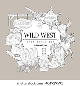 Wild West Set Vintage Vector Hand Drawn Design Card