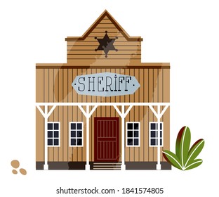 Wild west sheriff building background. Western american town in wilderness vector illustration. Police house with door, windows and banner front view. Cactus and rocks on desert land.